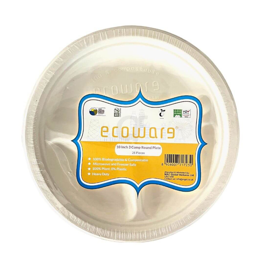 Ecoware 10 inch 3 Comp Round Plate 25 pieces