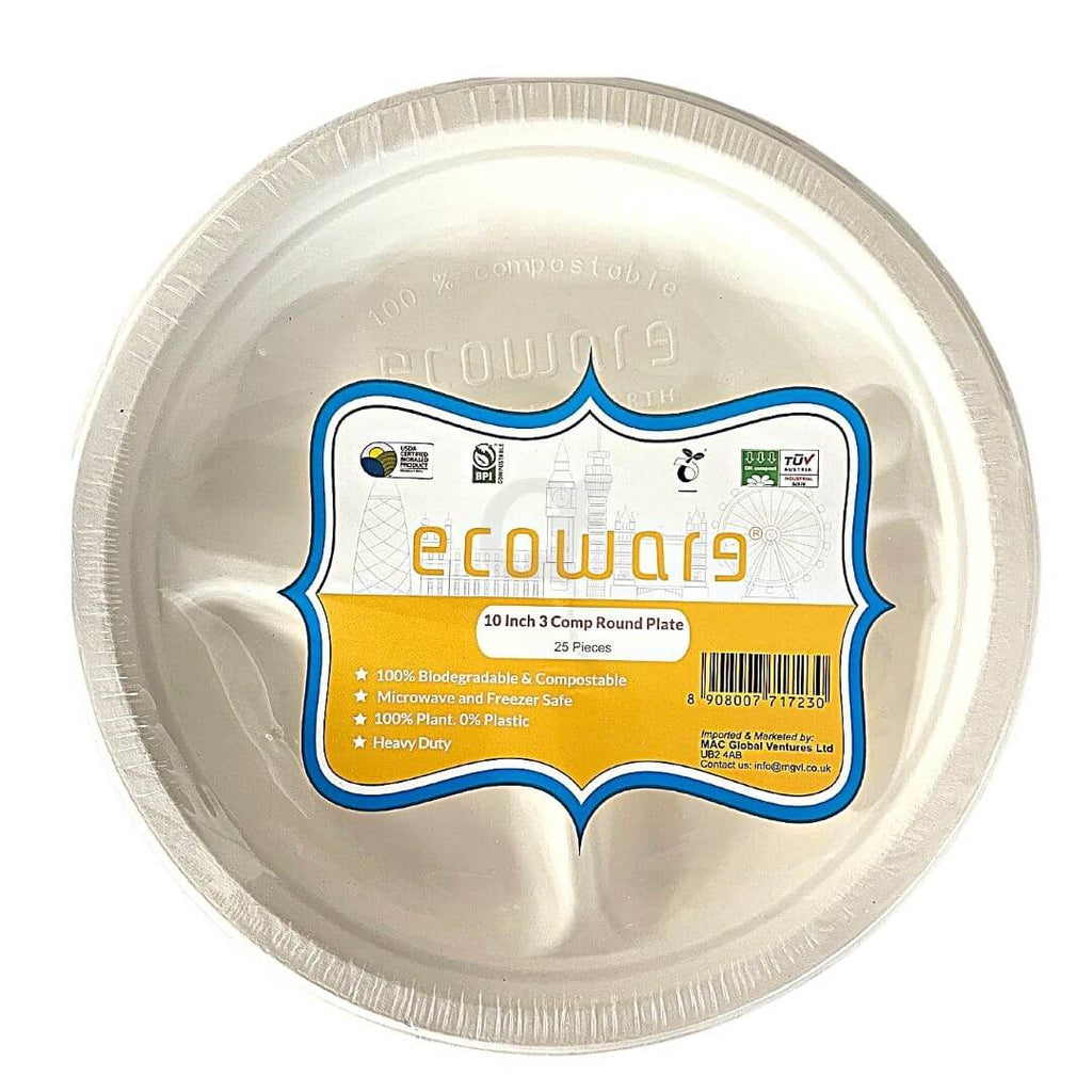 Ecoware 10 Inch 3 Comp Round Plate 25 pieces