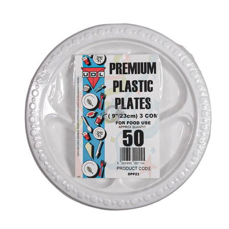 UDL 50 Premium Plastic Plates 23cm 3 compartment