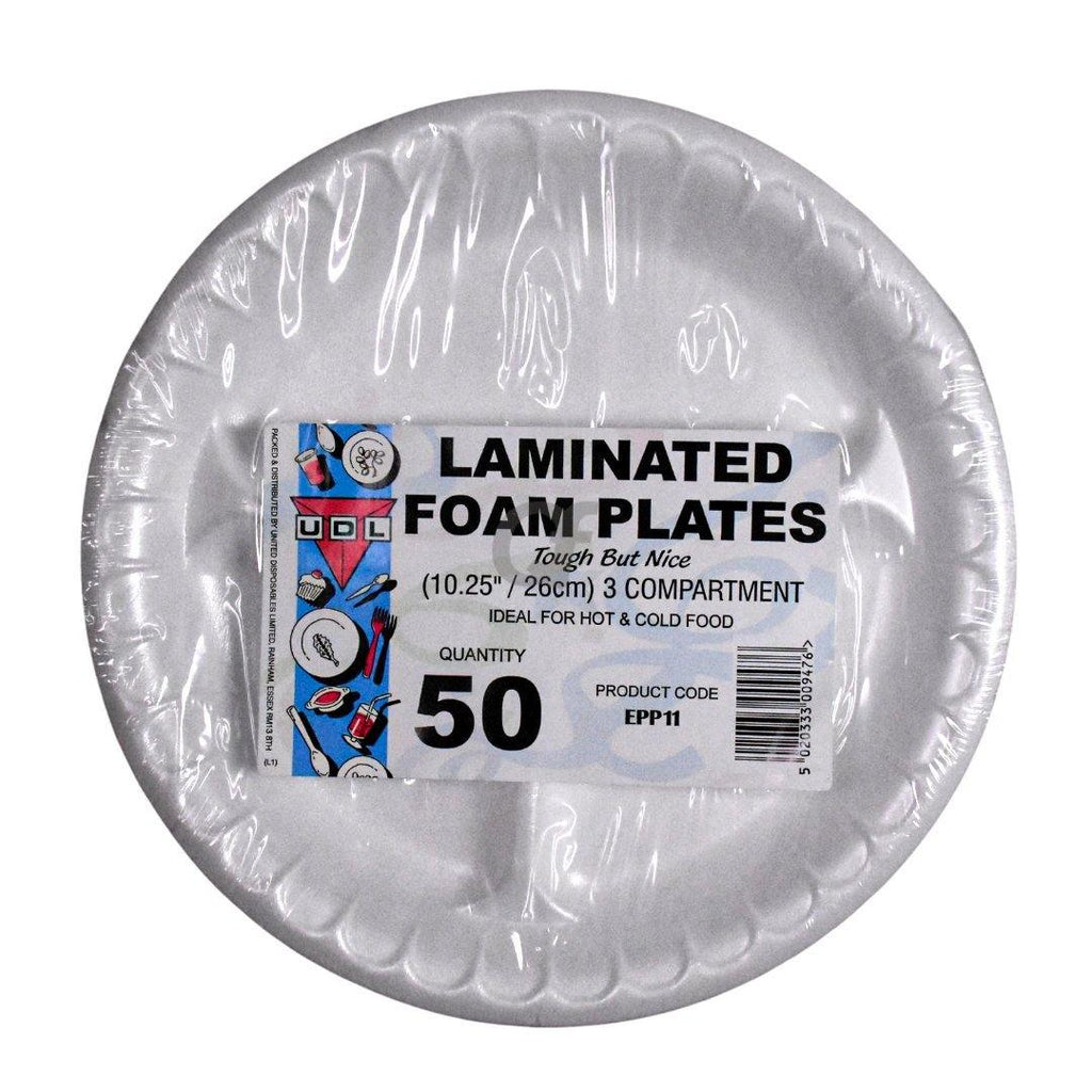 UDL 50 Laminated Foam Plates 3 Compartment 26cm